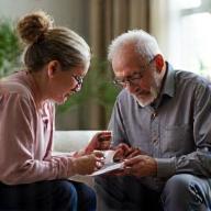 Volunteer helping elderly driver with registration
